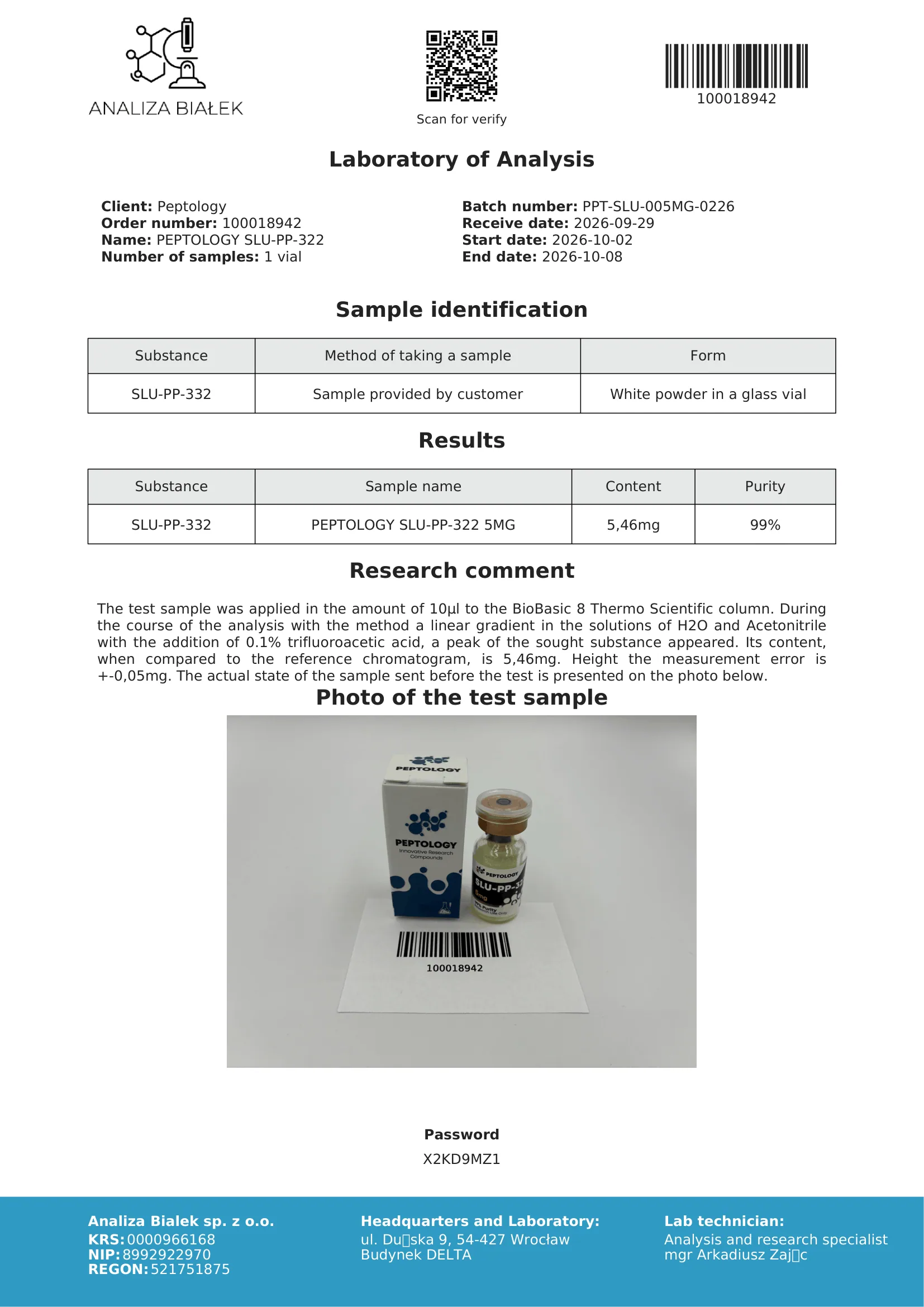 SLU-PP-332 – πιστοποιητικό καθαρότητας HPLC, παρτίδα 0226